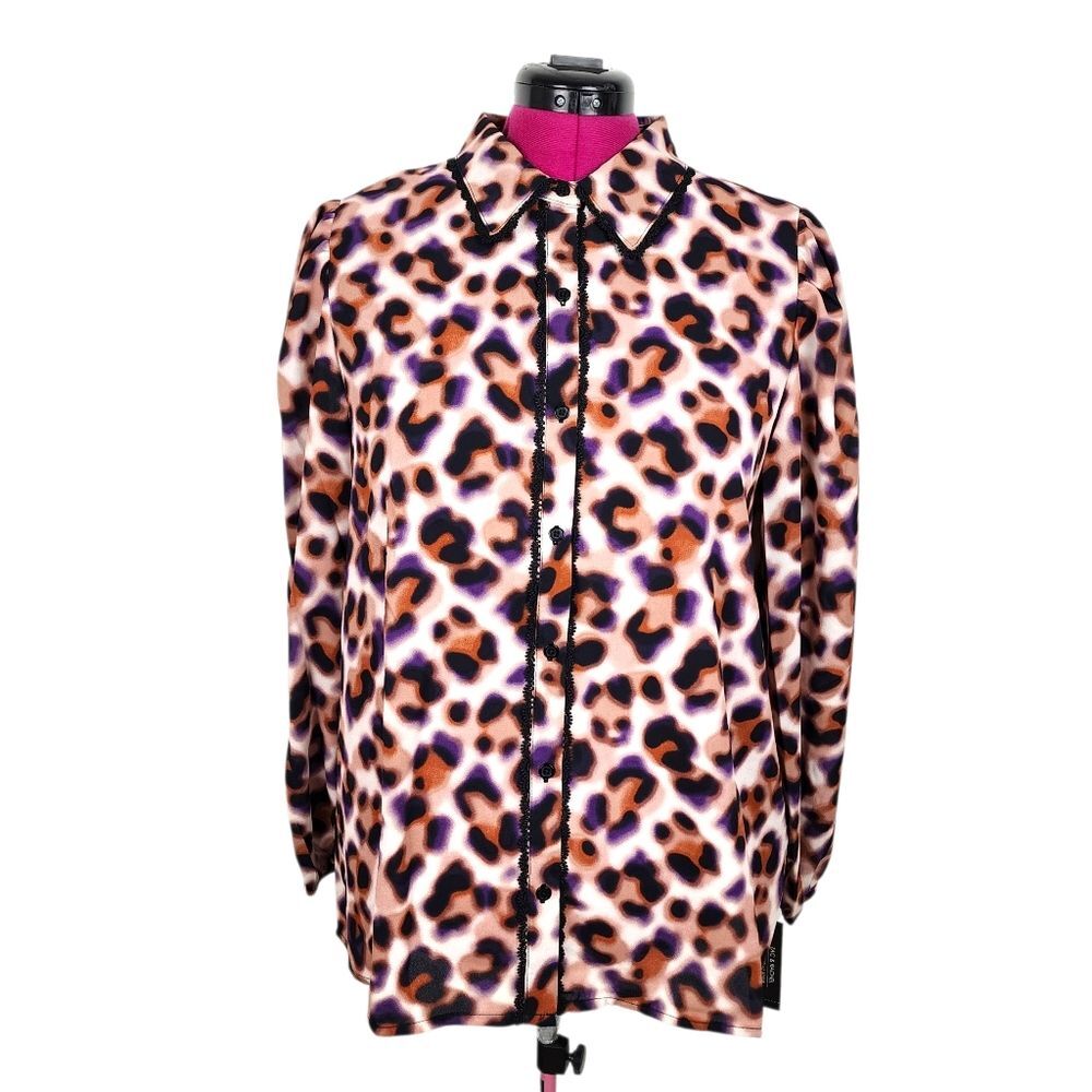 Zac & Rachel Leopard Animal Print Blouse Lace Trim Purple Button Up Shirt XL